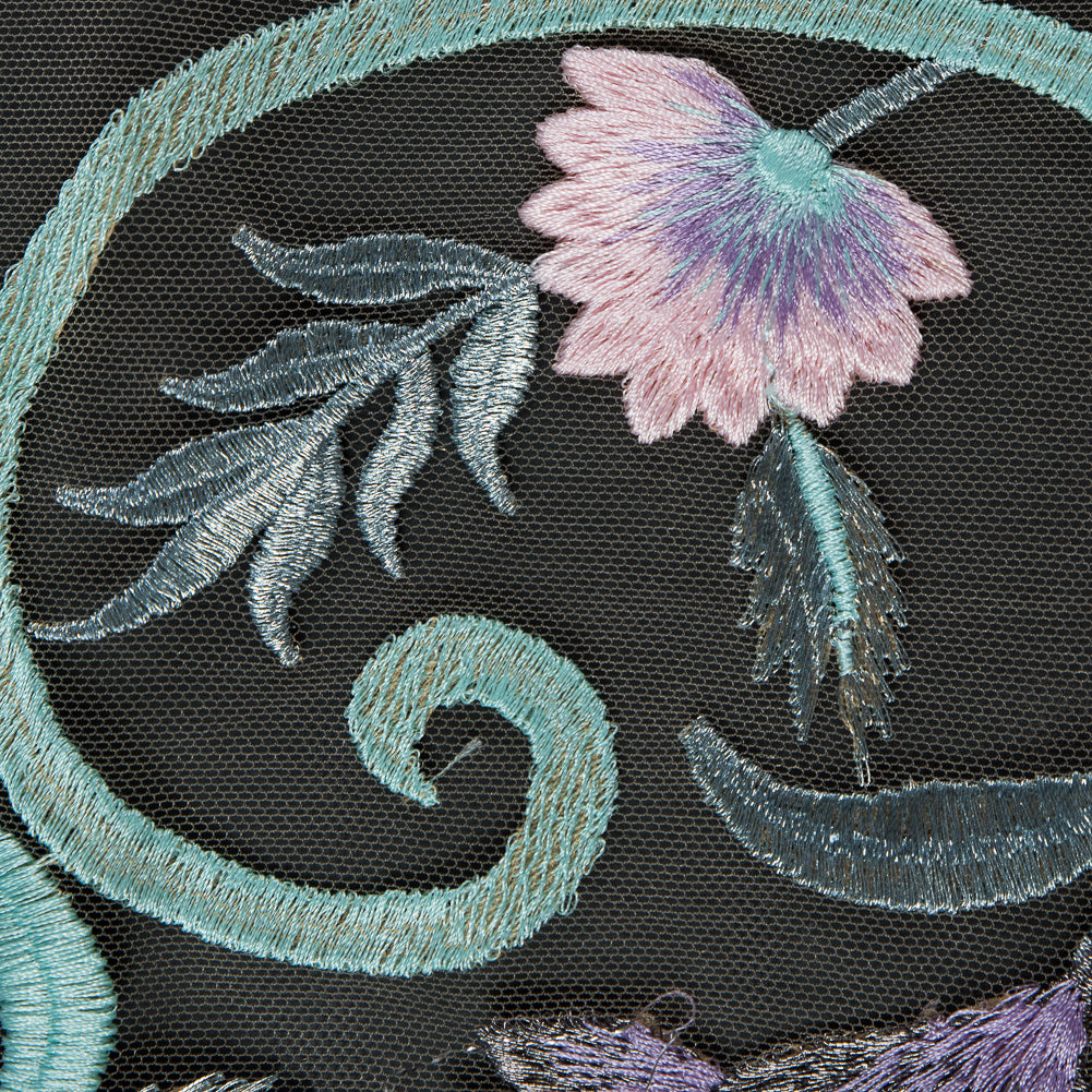 Embroidered Tulle Panel - Metallic Aqua and Fuchsia Floral Full