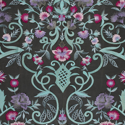 Embroidered Tulle Panel - Metallic Aqua and Fuchsia Floral
