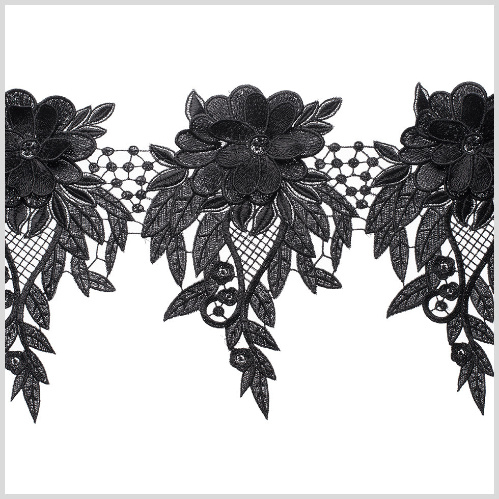 9" Metallic Black Floral Lace Trim