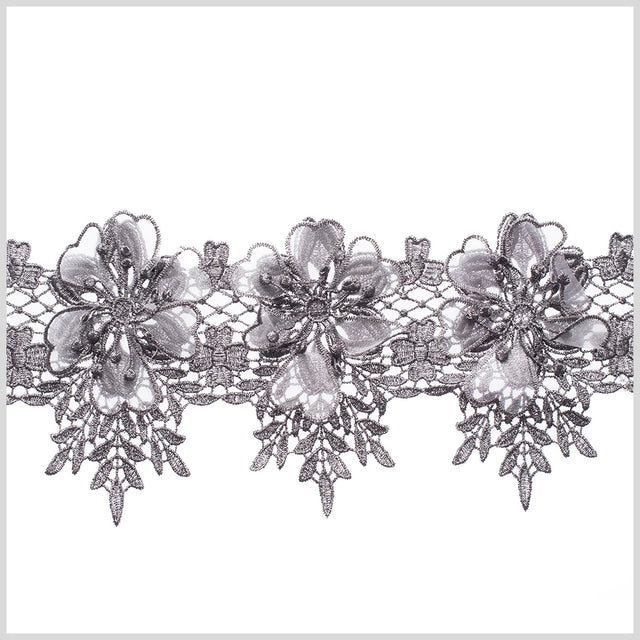 5 3D Metallic Gunmetal Floral Lace Trim