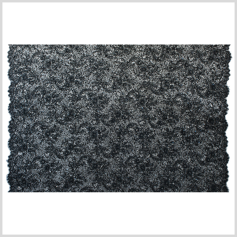 Beaded and Sequined Lace with Scallop Edge - Black Floral Folded