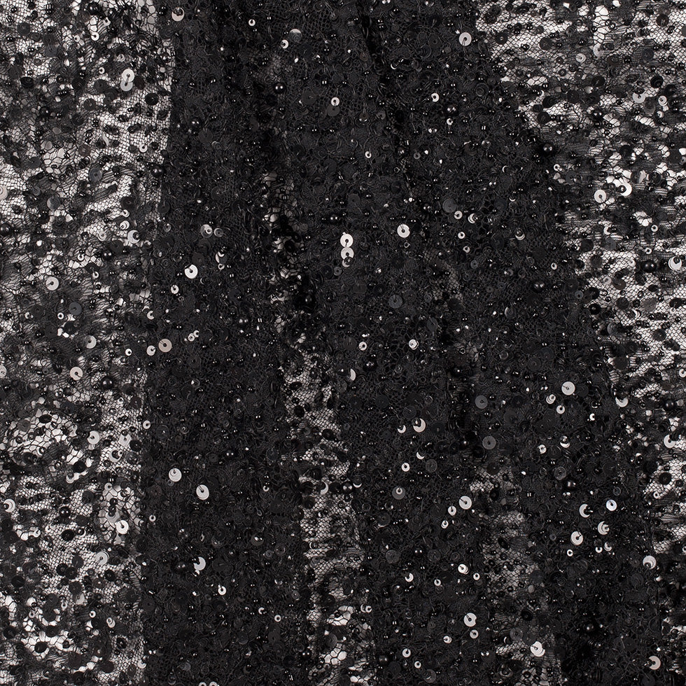 Beaded and Sequined Lace with Scallop Edge - Black Floral Detail