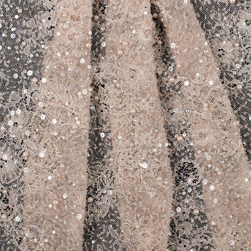 Beaded and Sequined Lace with Scallop Edge - Peach Floral Folded