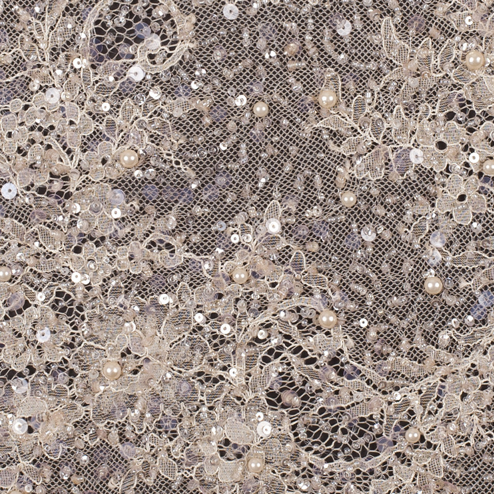 Beaded and Sequined Lace with Scallop Edge - Peach Floral Detail