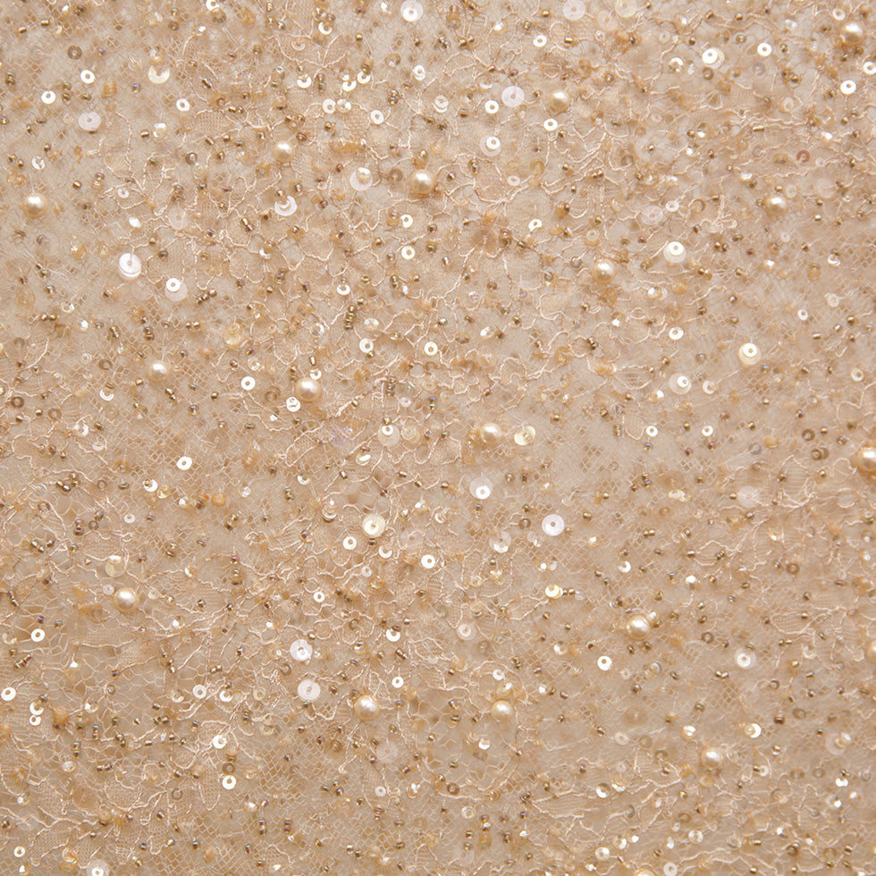 Fancy Beige Beaded Floral Lace w/ Scalloped Edges - Detail