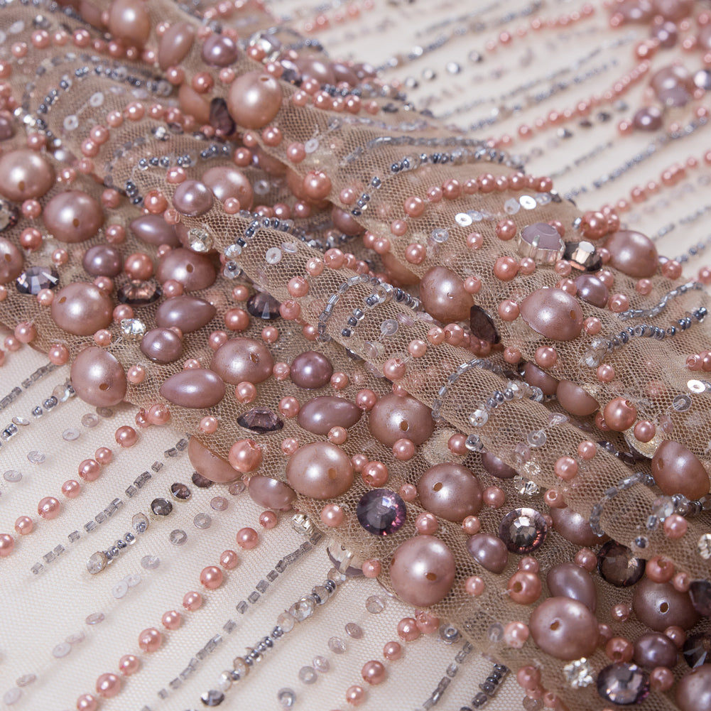 Purple and Beige Fancy Beaded Tulle - Folded