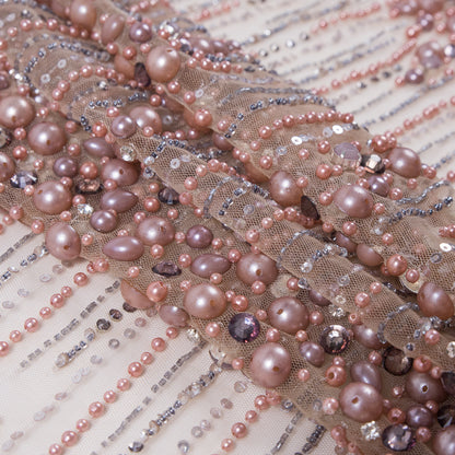 Purple and Beige Fancy Beaded Tulle - Folded