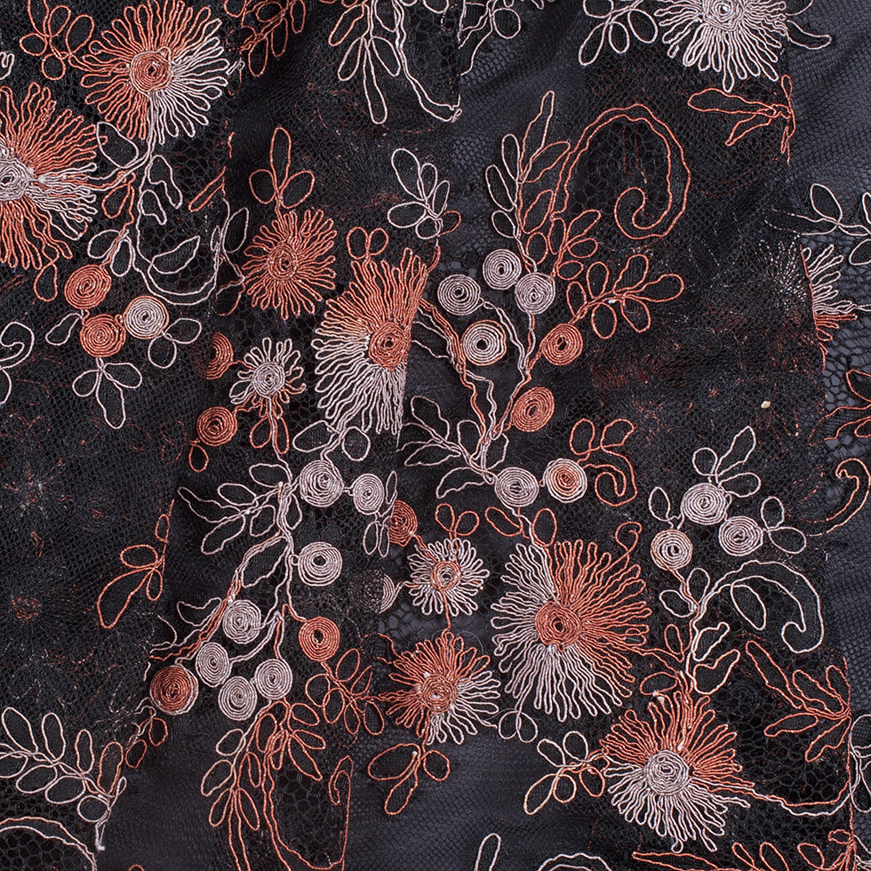 Black/Brown/Beige Scallop Edge Re-Embroidered Lace on Mesh Folded