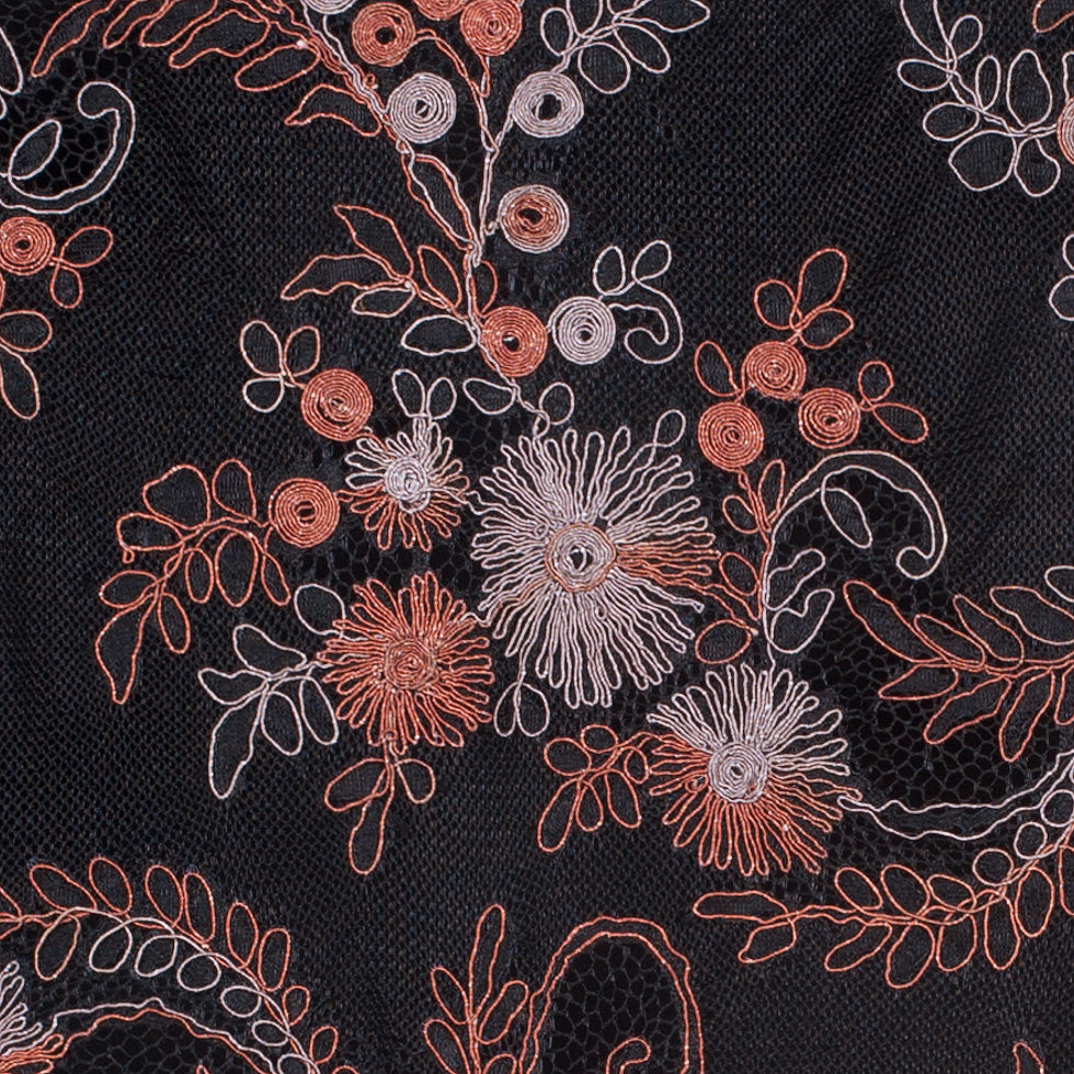 Black/Brown/Beige Scallop Edge Re-Embroidered Lace on Mesh Detail