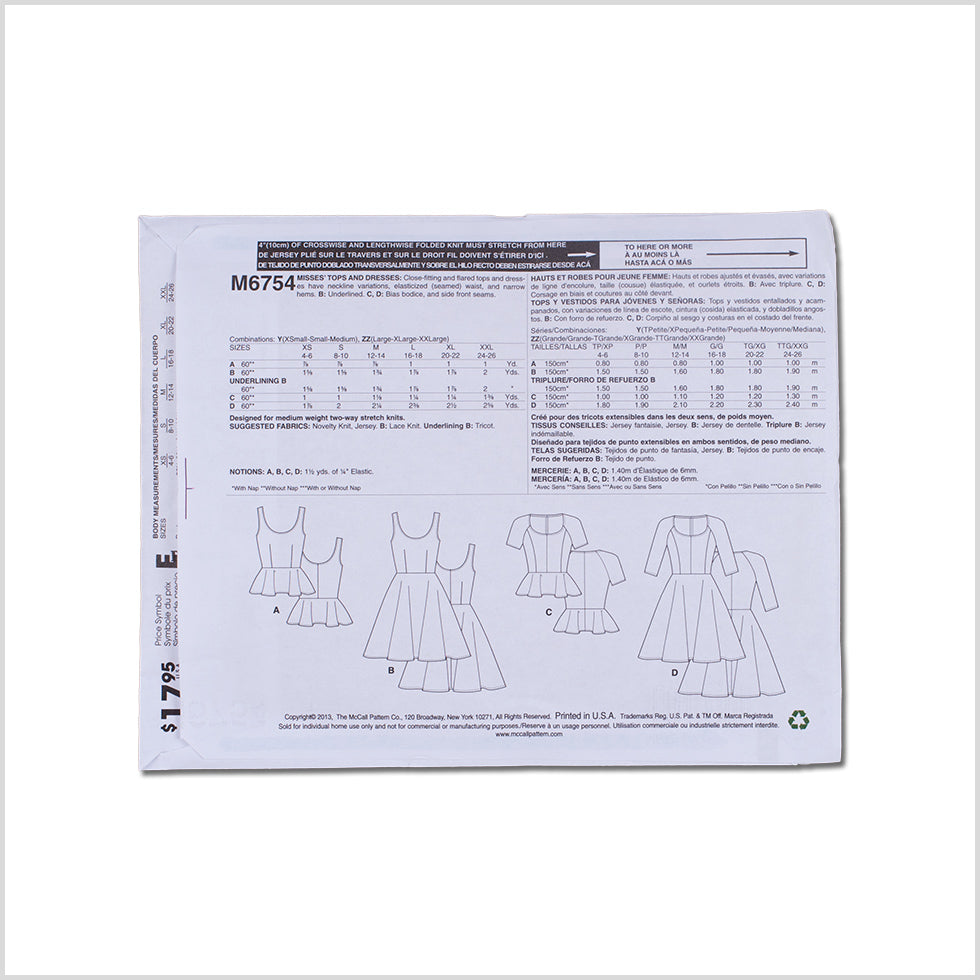 McCall's Fitted Flared Tops and Dresses Pattern M6754 Size ZZ Detail