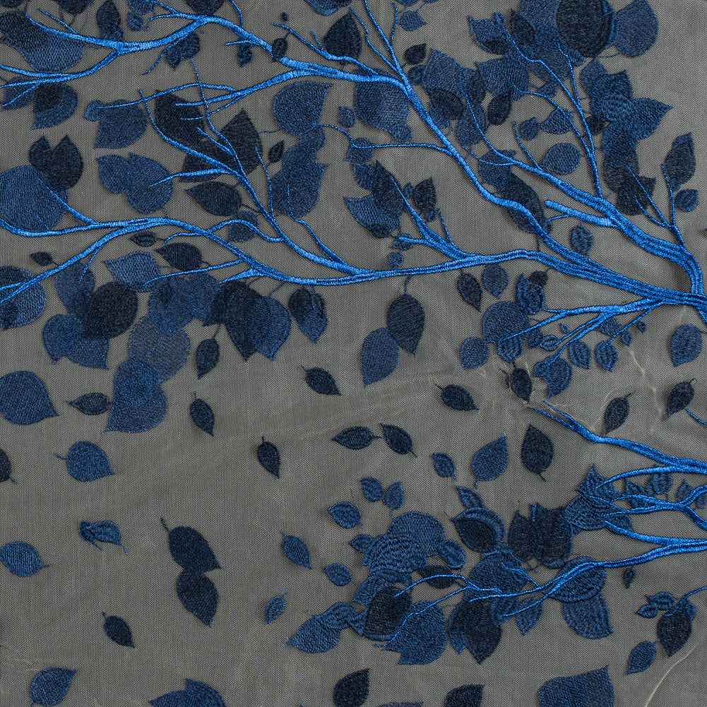 Embroidered Mesh Lace - Navy Leafy Branches on Nude