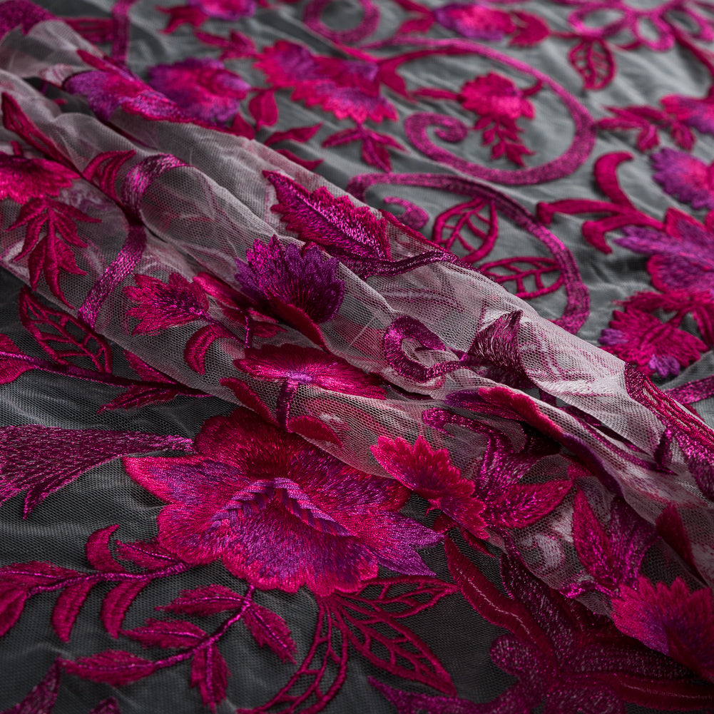 Metallic Fuchsia Floral Embroidered Tulle  Panel - Detail