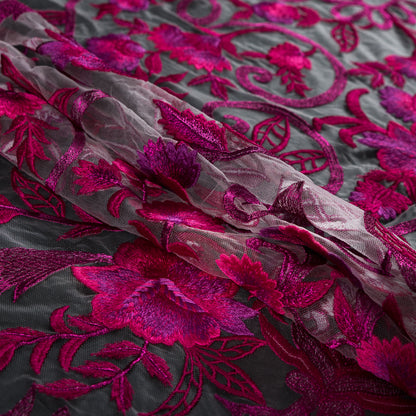 Metallic Fuchsia Floral Embroidered Tulle  Panel - Detail