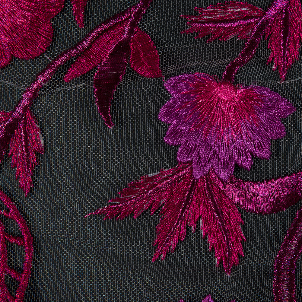 Metallic Fuchsia Floral Embroidered Tulle  Panel - Full