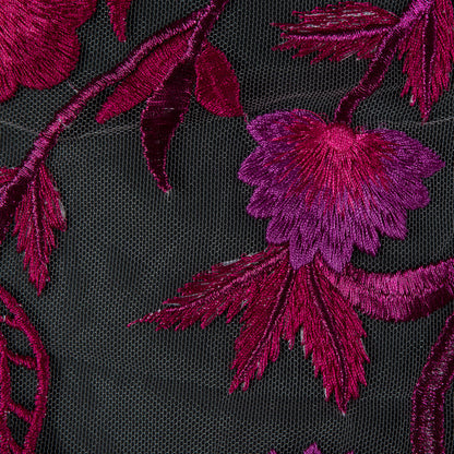 Metallic Fuchsia Floral Embroidered Tulle  Panel - Full