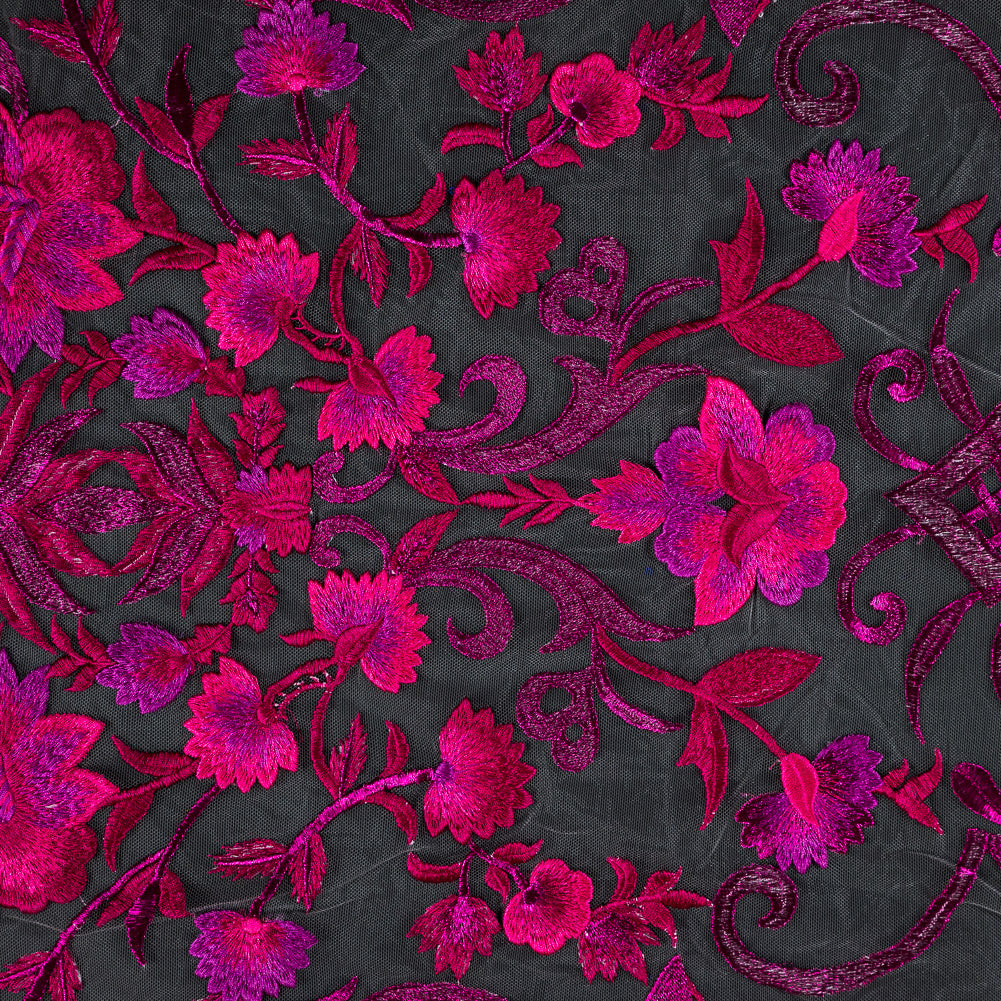 Metallic Fuchsia Floral Embroidered Tulle  Panel