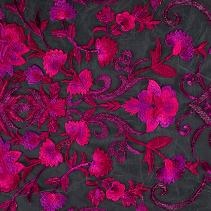 Metallic Fuchsia Floral Embroidered Tulle  Panel