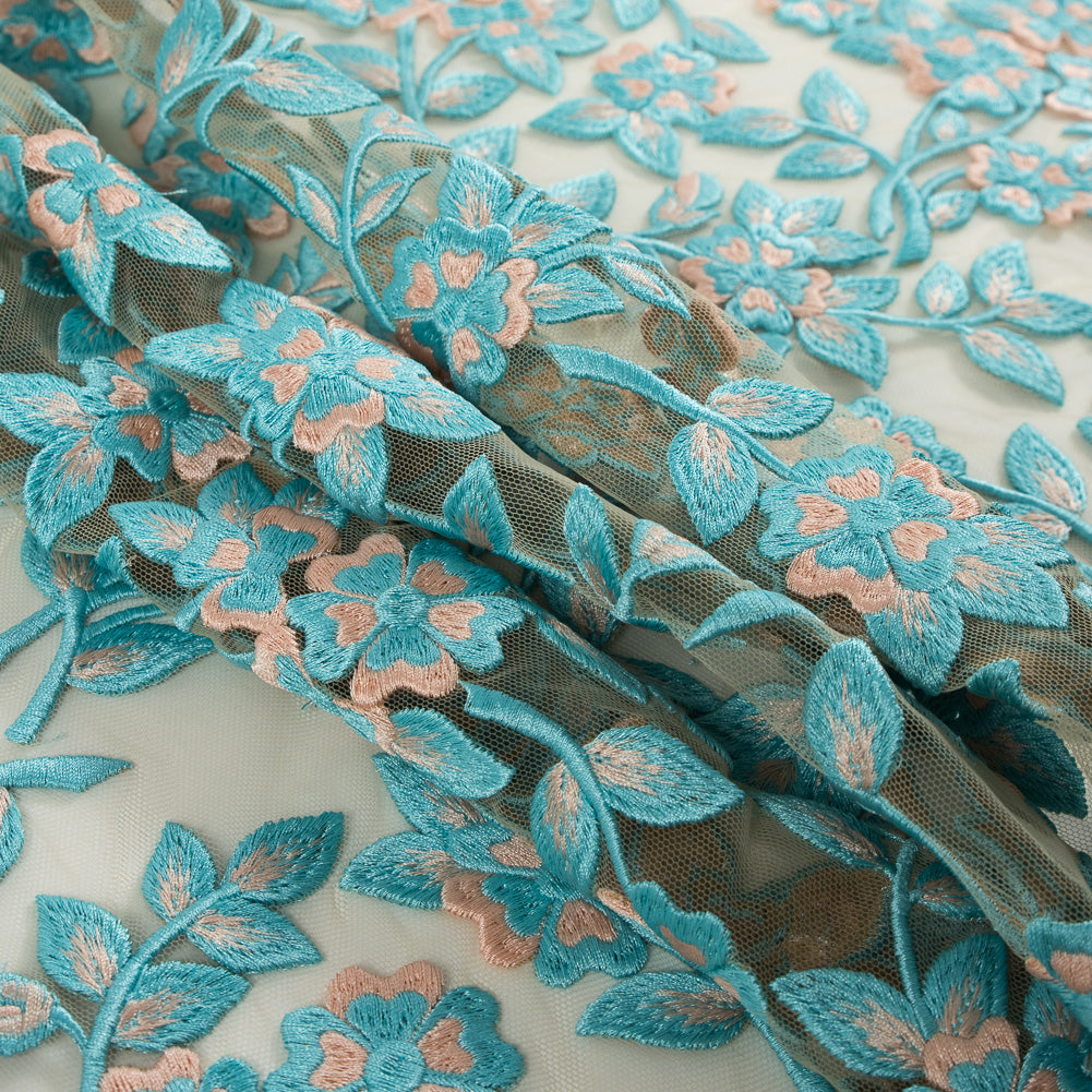 Angel Blue and Creampuff Floral Novelty Embroidered Mesh