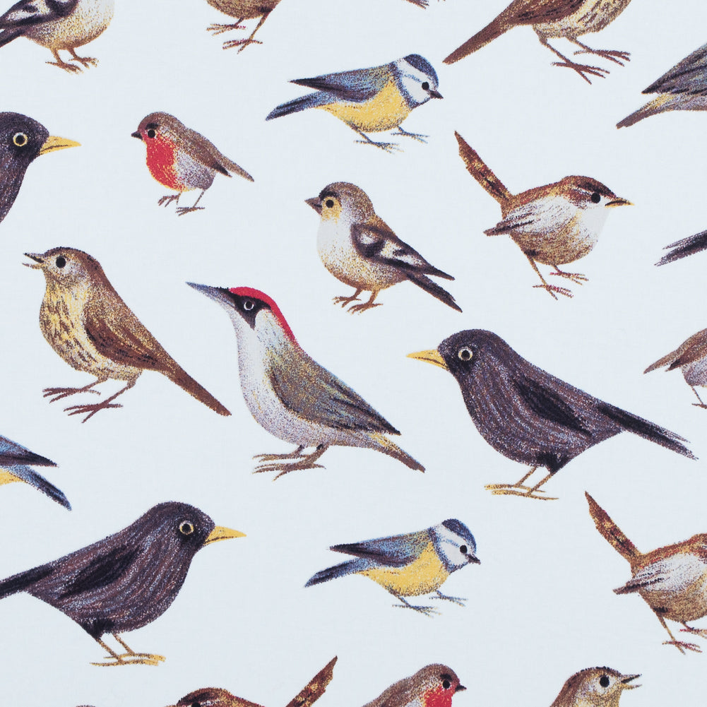 Bright White Bird Printed Stretch Cotton Twill