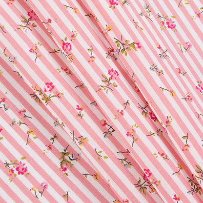 Pink/White Striped Floral Dense Combed Cotton Poplin - Folded