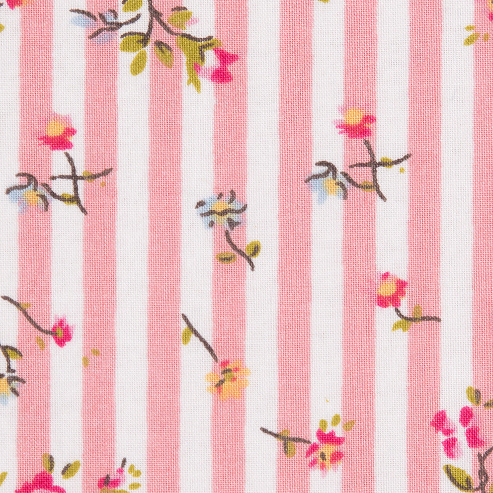 Pink/White Striped Floral Dense Combed Cotton Poplin - Detail
