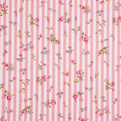 Pink/White Striped Floral Dense Combed Cotton Poplin