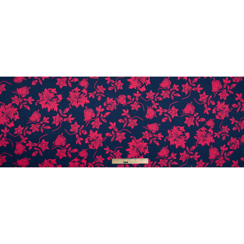 Patriot Blue and Geranium Red Floral Cotton Sateen - Folded