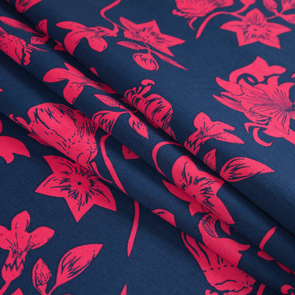 Patriot Blue and Geranium Red Floral Cotton Sateen - Detail