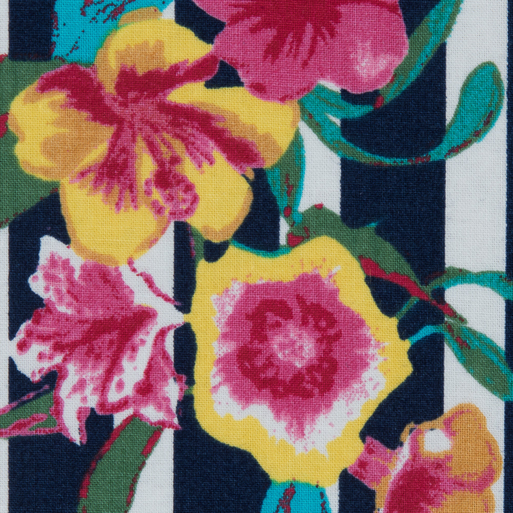 Navy/Multicolored Striped Floral Cotton Poplin - Full