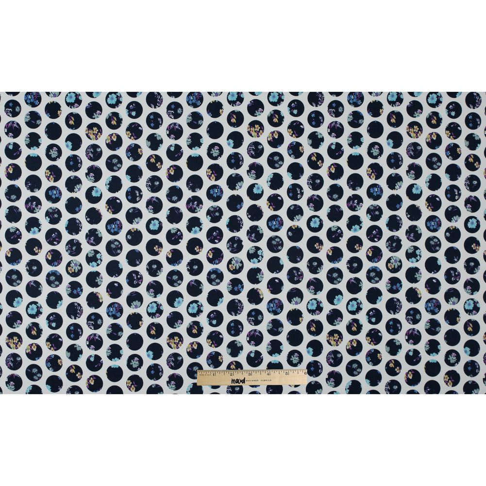 Navy Polka Dotted Floral Printed Stretch Cotton Sateen - Folded