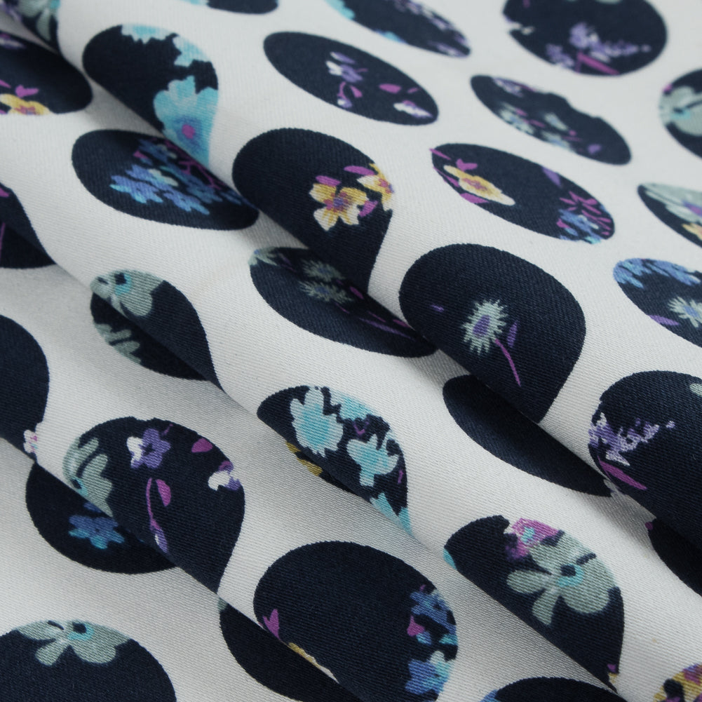 Navy Polka Dotted Floral Printed Stretch Cotton Sateen - Detail