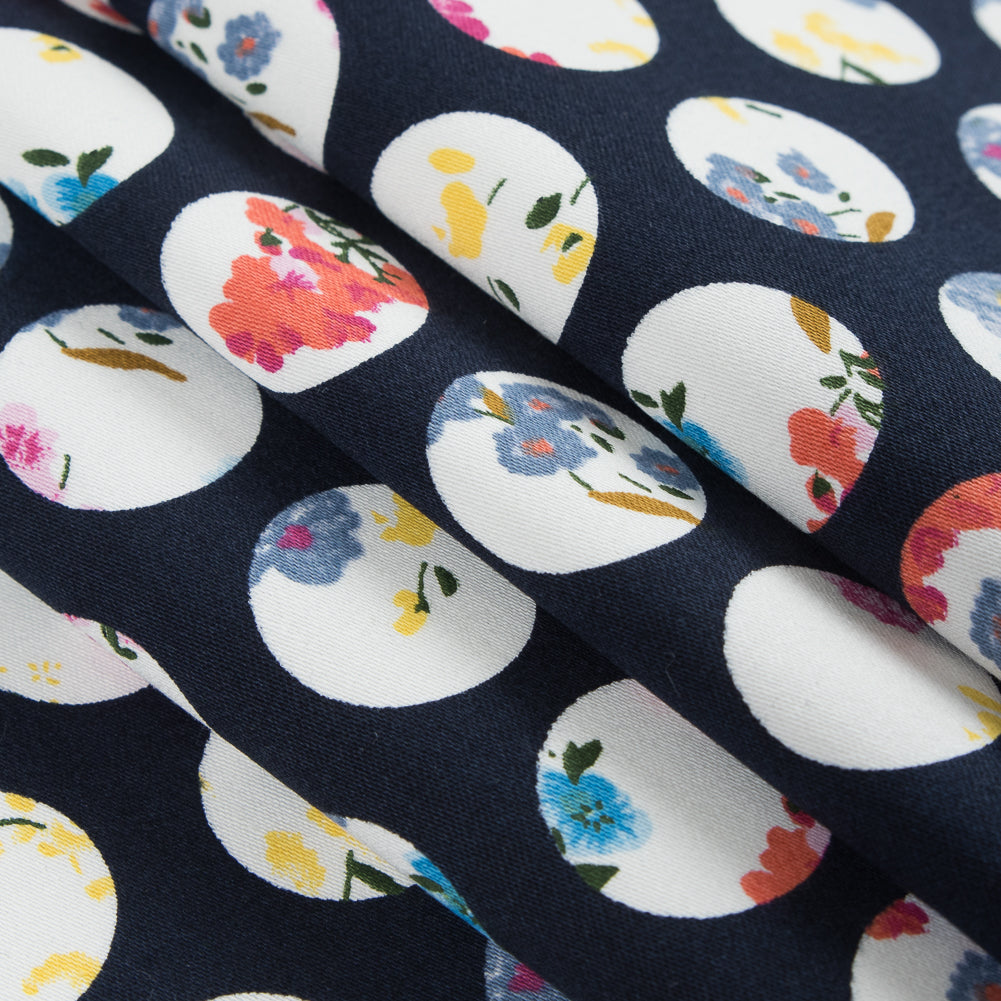 Navy Polka Dotted Floral Printed Stretch Cotton Sateen Detail