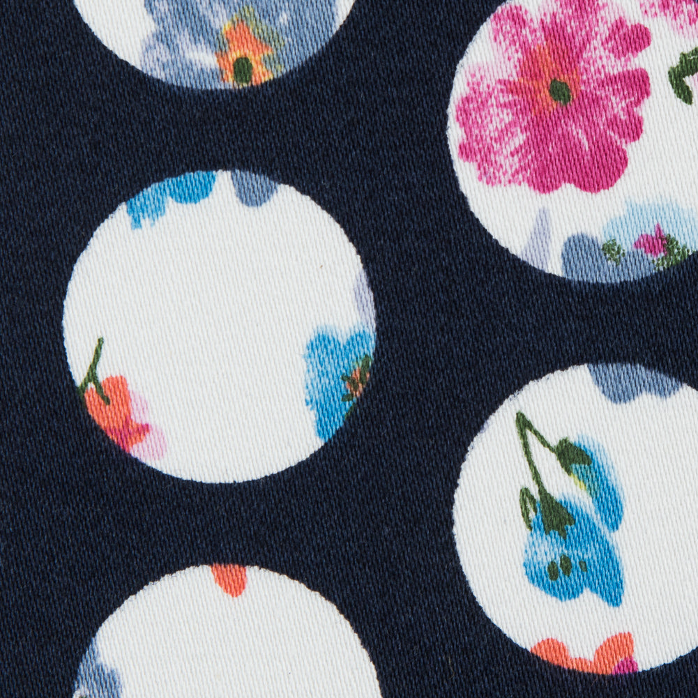 Navy Polka Dotted Floral Printed Stretch Cotton Sateen Full