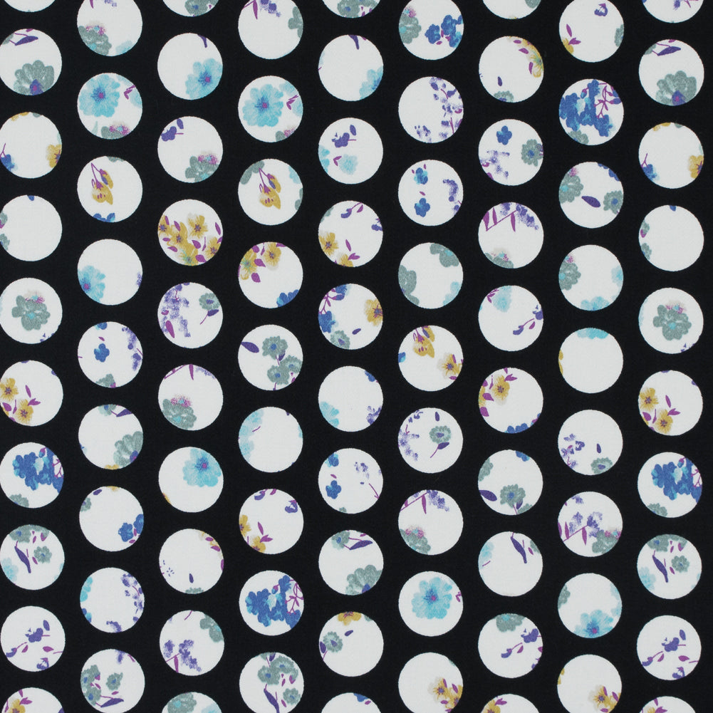 Black Polka Dotted Floral Printed Stretch Cotton Sateen