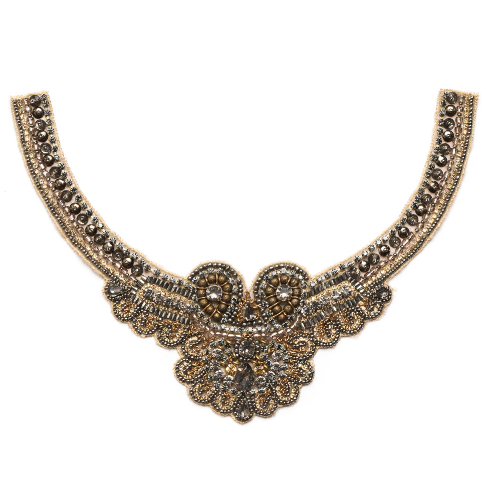 Gold and Pewter Rhinestone Neck Applique - 10"