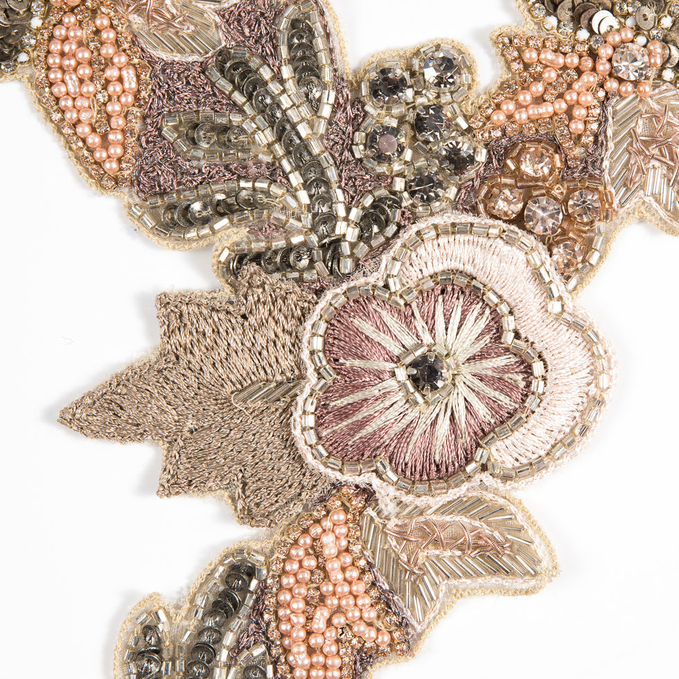 Pink and Green Fancy Beaded Floral Rhinestone Applique - 12.25x8 - Detail