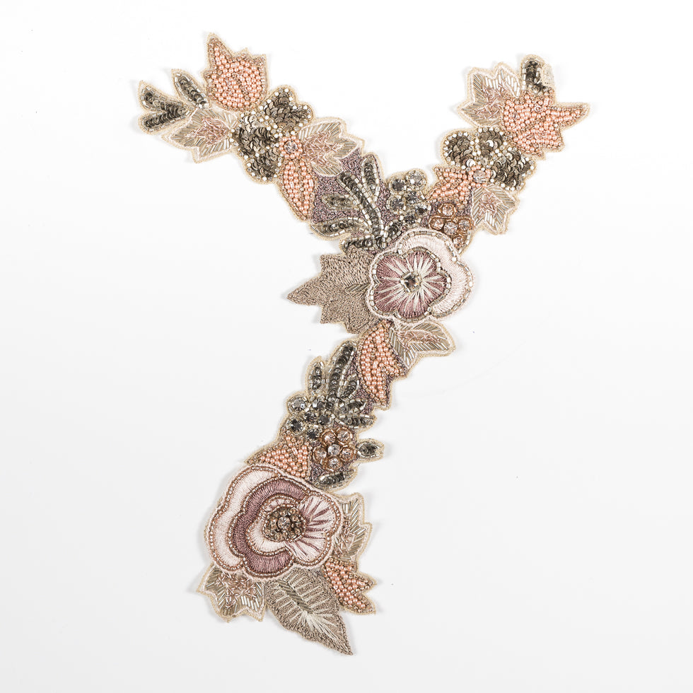 Pink and Green Fancy Beaded Floral Rhinestone Applique - 12.25x8