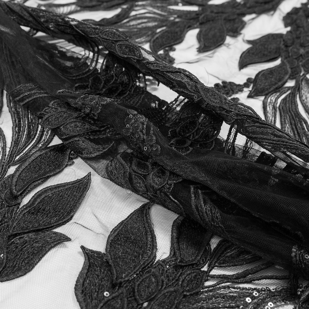 Black Floral Embroidered Lace Panel - Folded