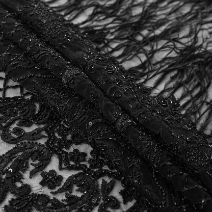 Black Beaded and Embroidered Tulle with Feathers Folded