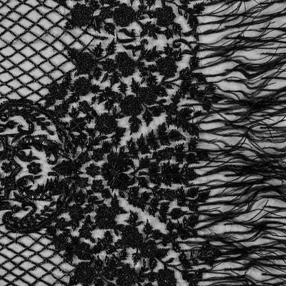 Black Beaded and Embroidered Tulle with Feathers
