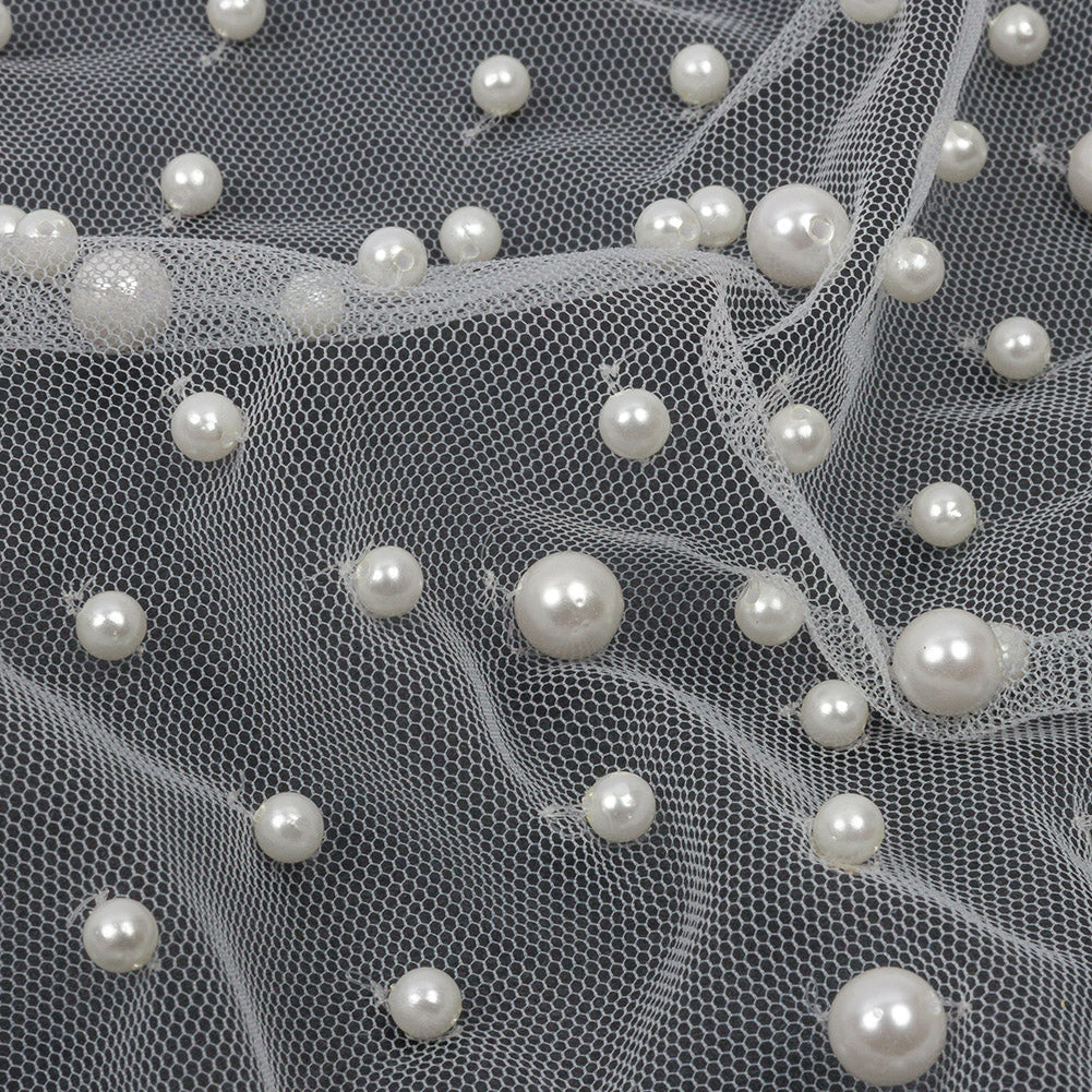 Fancy Bright White Pearled Mesh/Lace - Detail