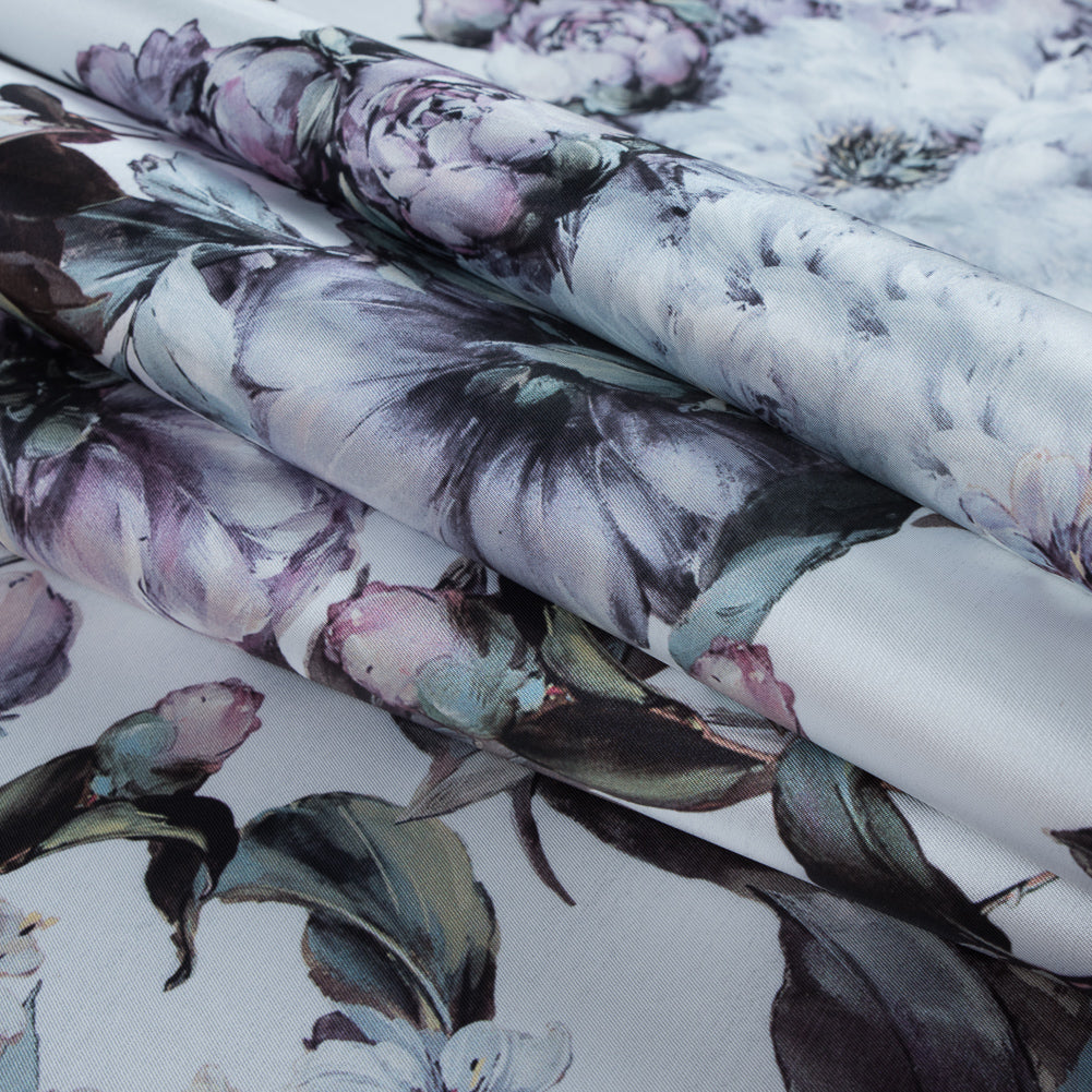 White and Evening Haze Digitally Printed Flowers on a Premium Mikado/Twill - Detail