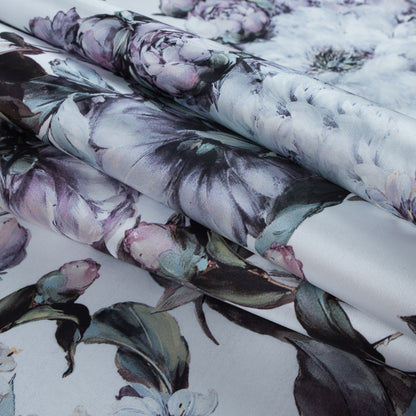 White and Evening Haze Digitally Printed Flowers on a Premium Mikado/Twill - Detail