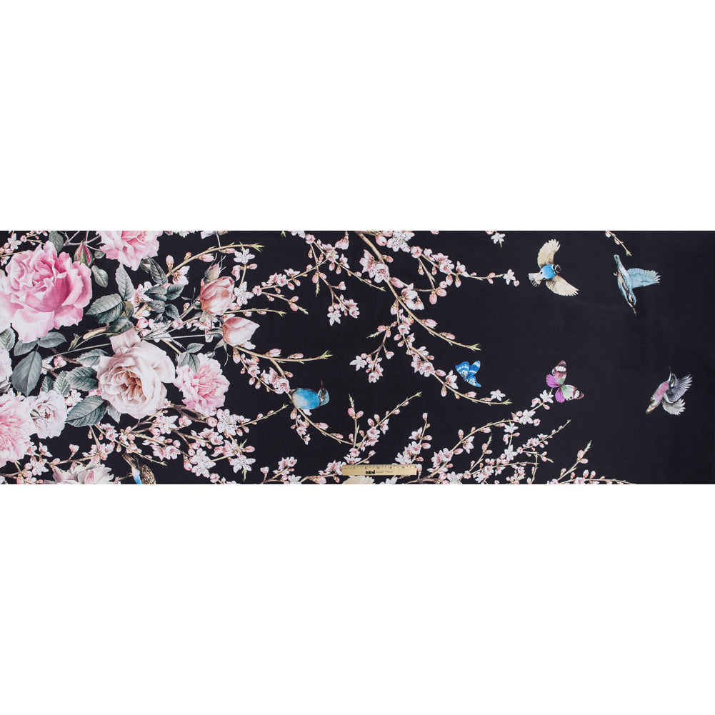 Roses, Hummingbirds and Butterflies Digitally Printed on a Black Premium Mikado/Twill Folded