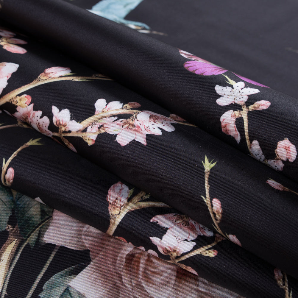 Roses, Hummingbirds and Butterflies Digitally Printed on a Black Premium Mikado/Twill Detail