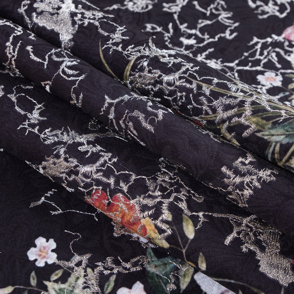 Floral Digitally Printed Butterfly Jacquard with Silver Metallic Embroidery Folded