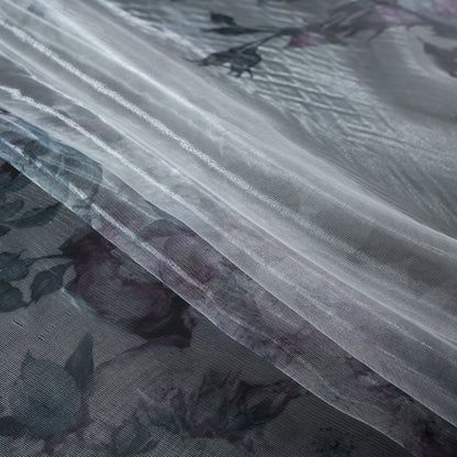 Purple and Silver Floral Printed 3D Organza - Detail