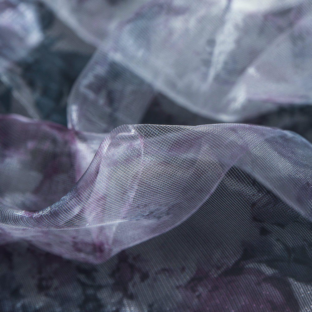 Purple and Silver Floral Printed 3D Organza - Full
