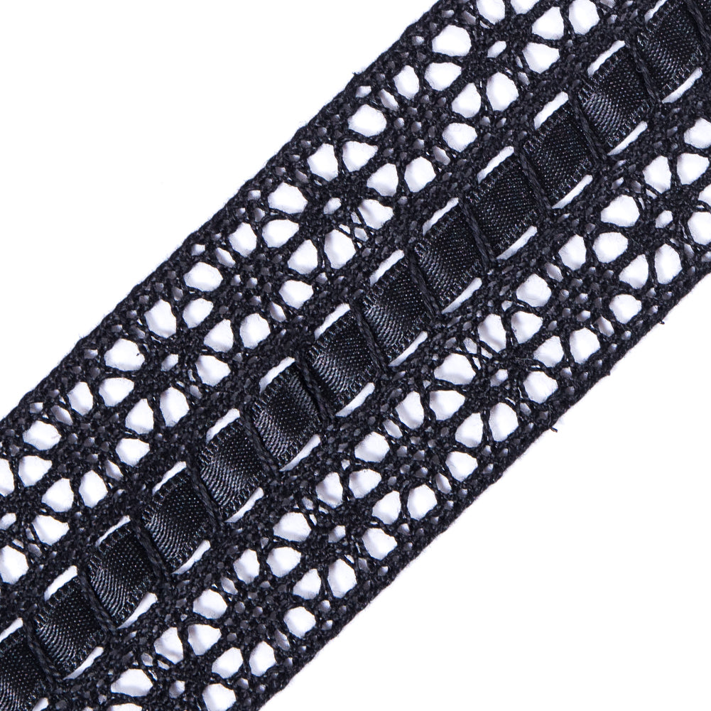 European Black Crochet Trim with Satin Ribbon Detail - 1.5" Detail