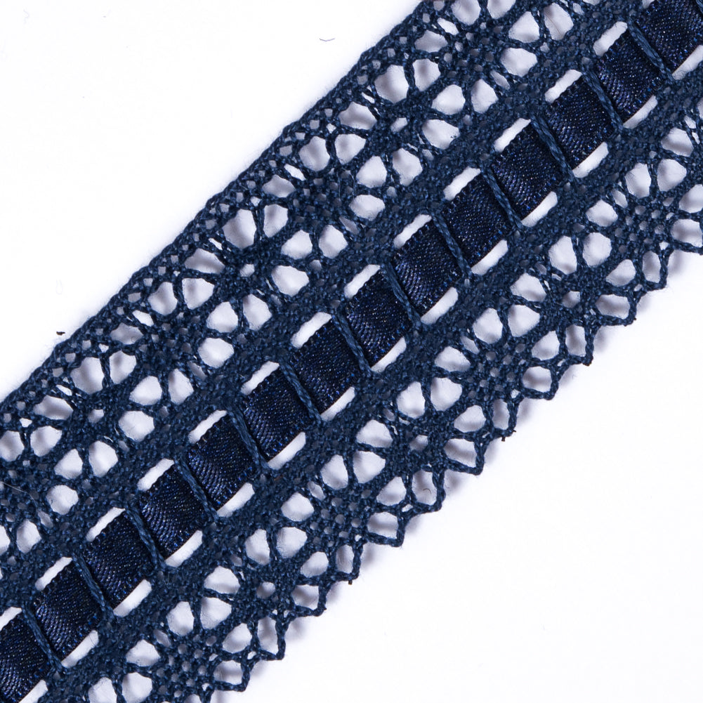 European Navy Scalloped Crochet Trim with Ribbon Detail - 1.5" Detail